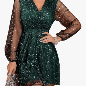 Sparkling Green Dress with Sheer Sleeves